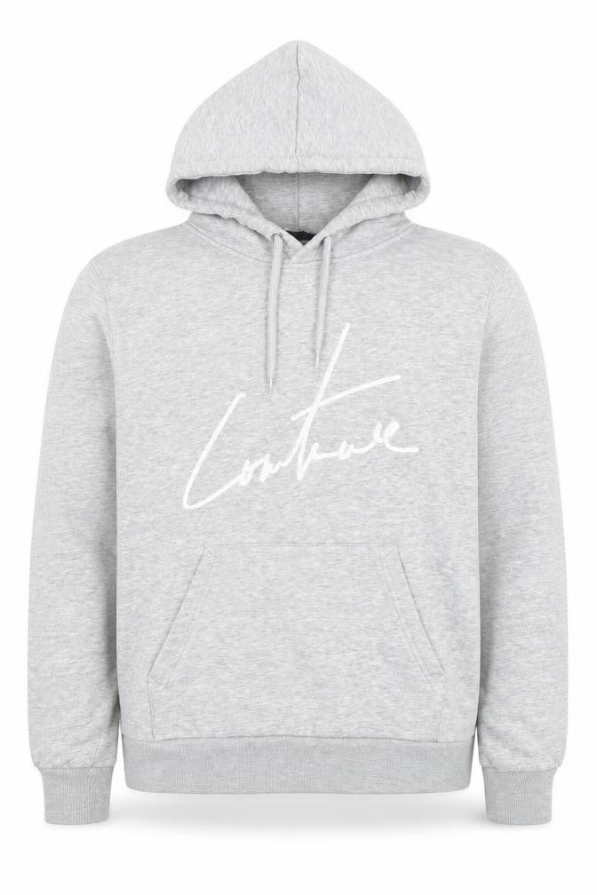 Front view of Couture men’s grey regular fit pullover hoodie, size L