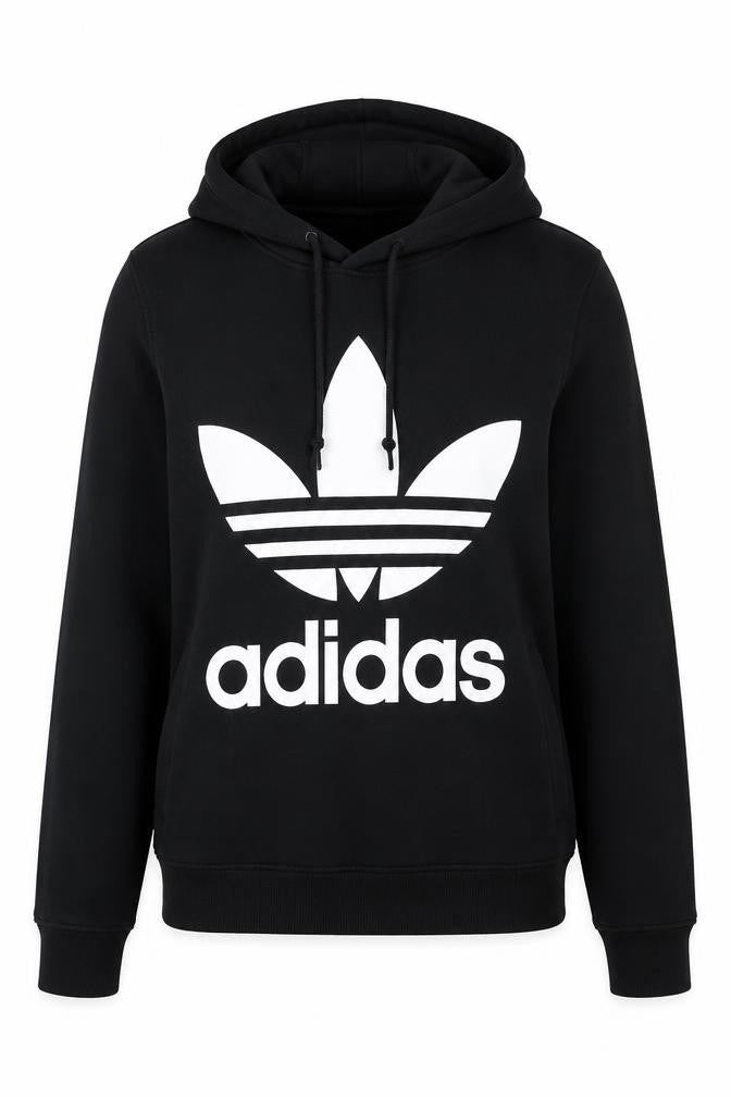 Front view of Adidas women’s black xs pullover hoodie with logo design