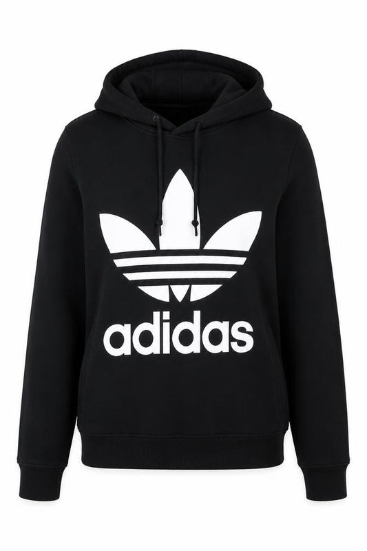 Front view of Adidas women’s black xs pullover hoodie with logo design
