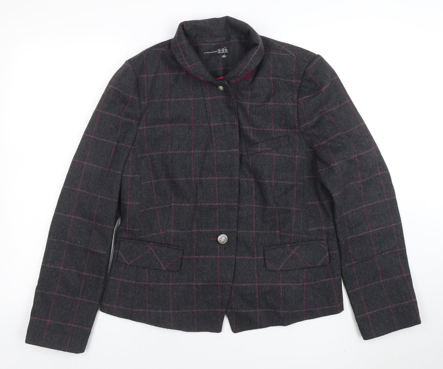 Atmosphere Women Grey Check Tweed Blazer Size 16 One Button Jacket