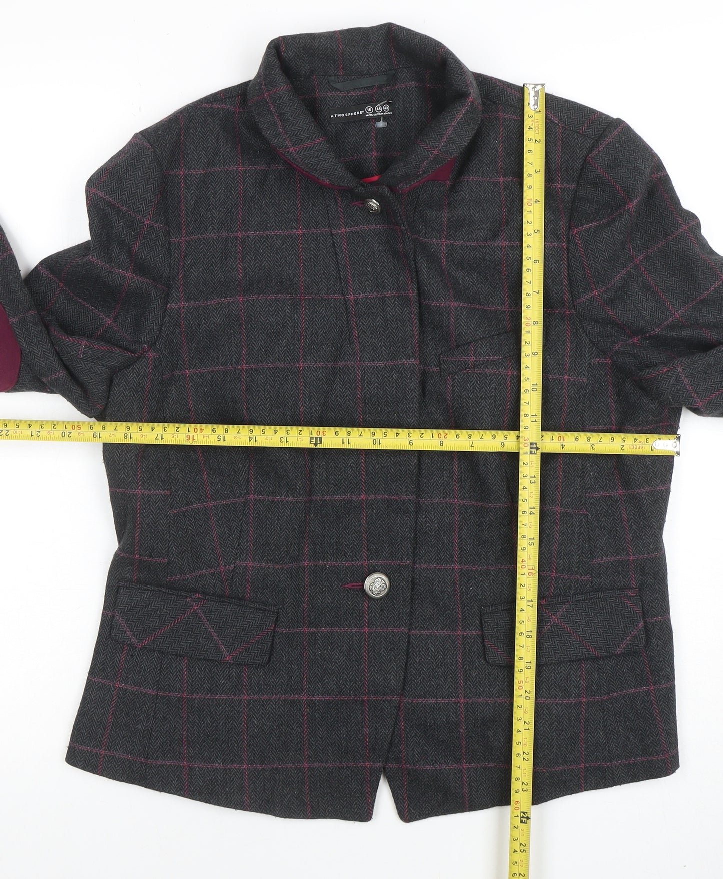 Atmosphere Women Grey Check Tweed Blazer Size 16 One Button Jacket