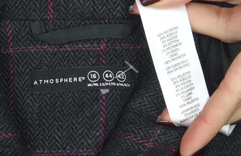 Atmosphere Women Grey Check Tweed Blazer Size 16 One Button Jacket