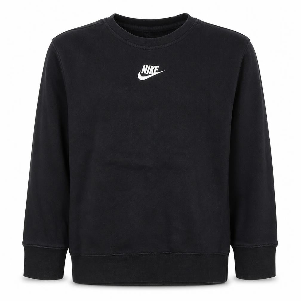 Front view of Nike boys’ black pullover fleece sweatshirt 9-10 years crew neck logo