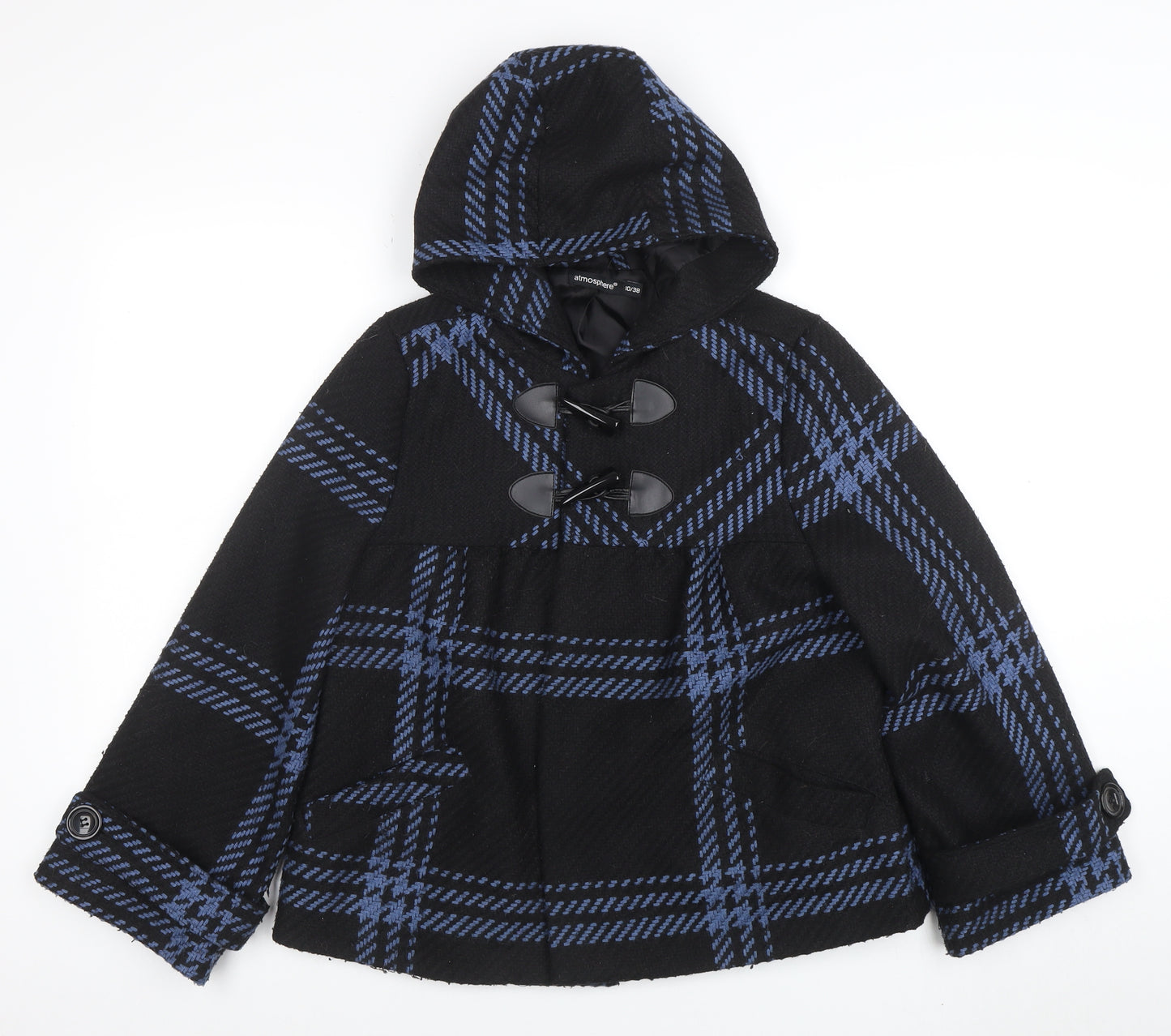 Atmosphere Women's Black Blue Check Hooded Duffle Coat Size 10