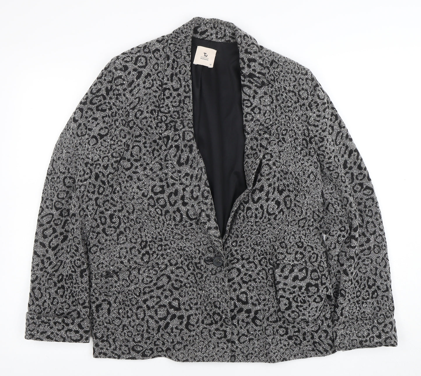 Tu Women Grey Animal Print Regular Fit Single Breasted Blazer Size 14
