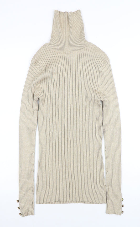 Tibioko 44 Women Beige Ribbed Knit Roll Neck Long Sleeve Top S