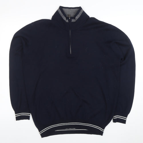 Oscar Jacobson Men’s Blue XL Wool 1/2 Zip High Neck Jumper