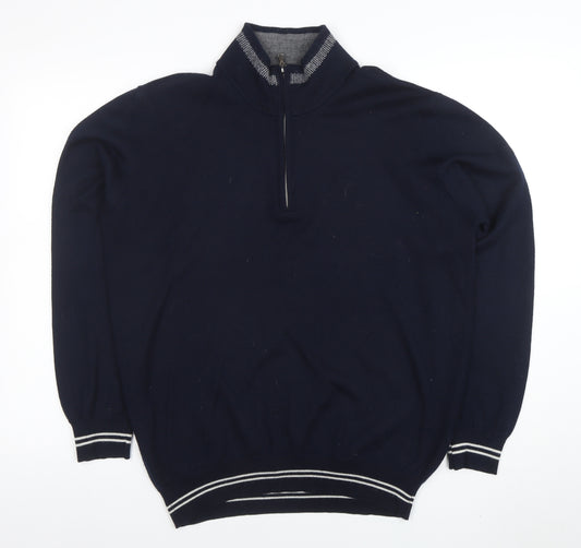 Oscar Jacobson Men’s Blue XL Wool 1/2 Zip High Neck Jumper