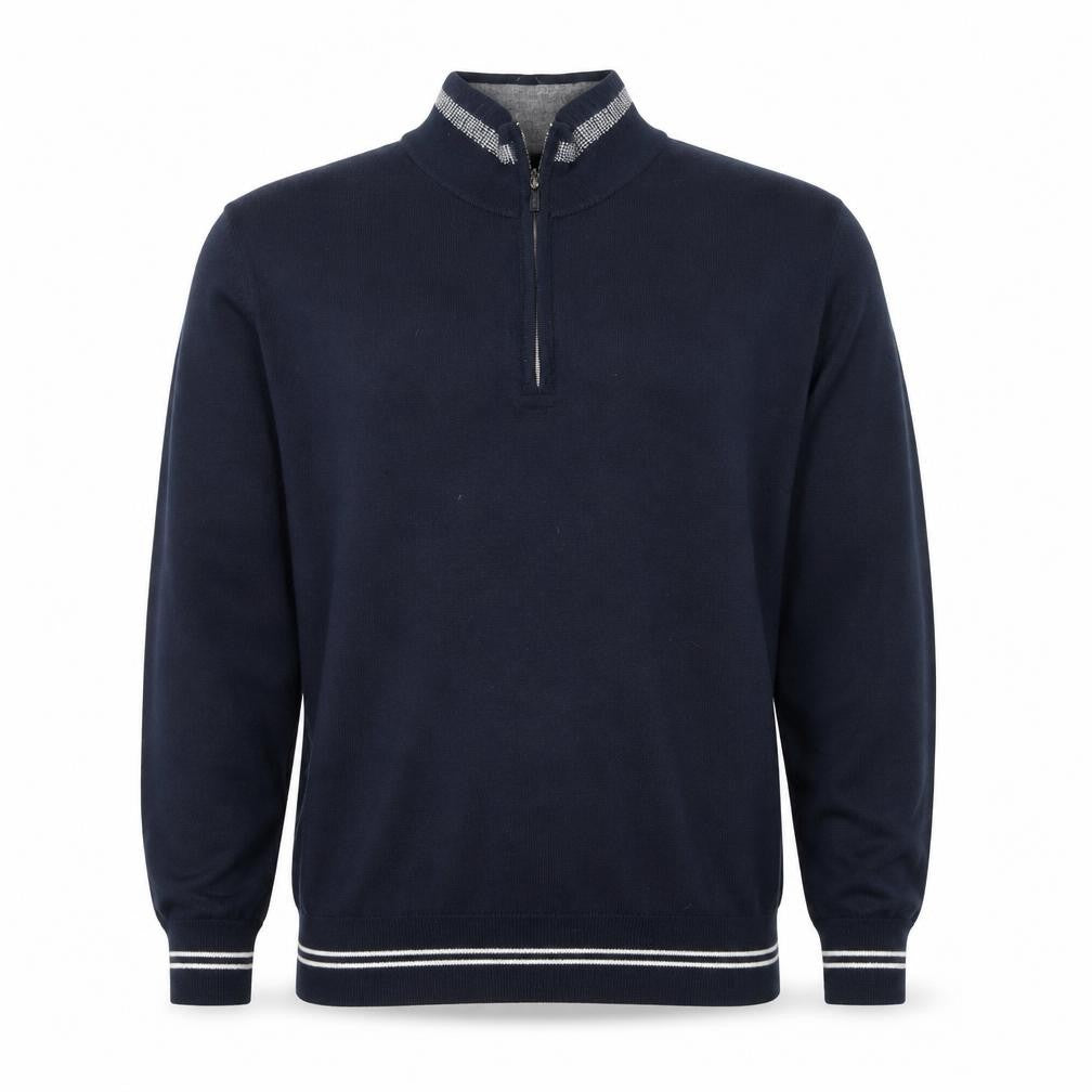 Front view of Oscar Jacobson Men’s Blue XL Wool 1/2 Zip High Neck Jumper