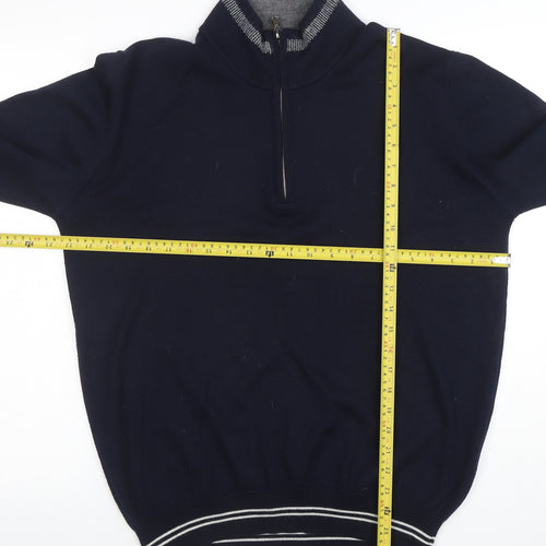 Oscar Jacobson Men’s Blue XL Wool 1/2 Zip High Neck Jumper