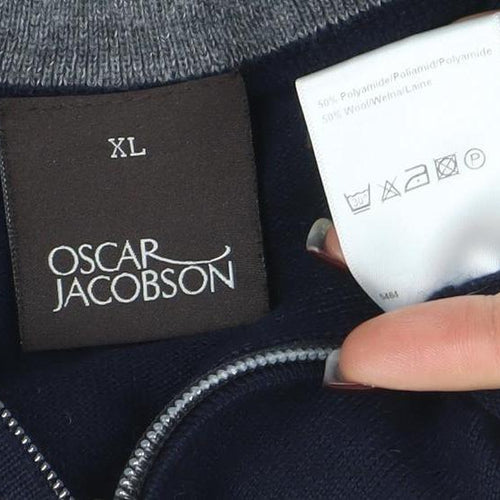 Oscar Jacobson Men’s Blue XL Wool 1/2 Zip High Neck Jumper