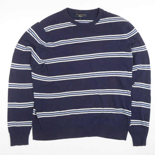 Paul Costelloe Men's Blue Striped Cotton Crew Neck Jumper L