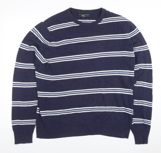 Paul Costelloe Men's Blue Striped Cotton Crew Neck Jumper L