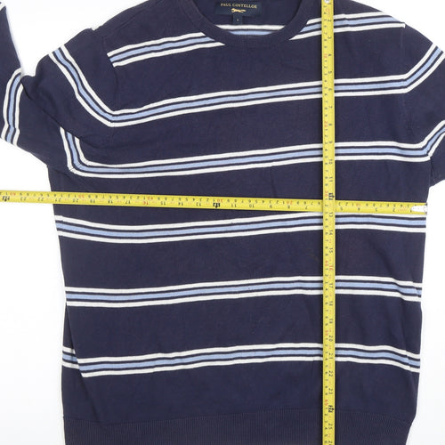 Paul Costelloe Men's Blue Striped Cotton Crew Neck Jumper L