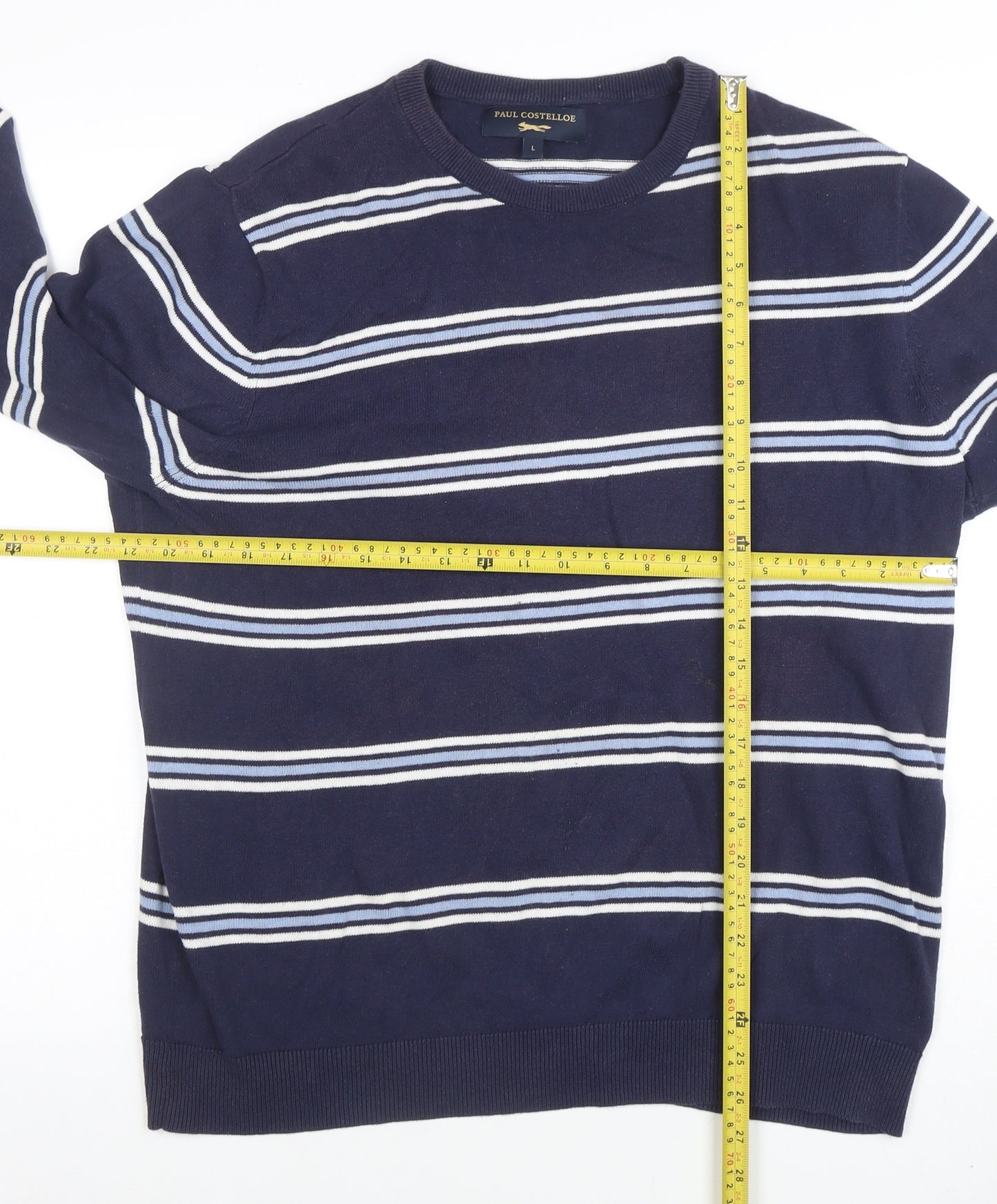 Paul Costelloe Men's Blue Striped Cotton Crew Neck Jumper L