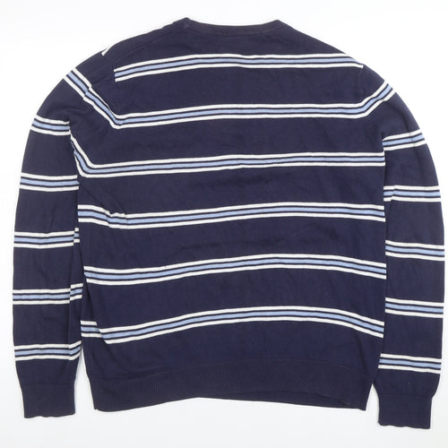 Paul Costelloe Men's Blue Striped Cotton Crew Neck Jumper L