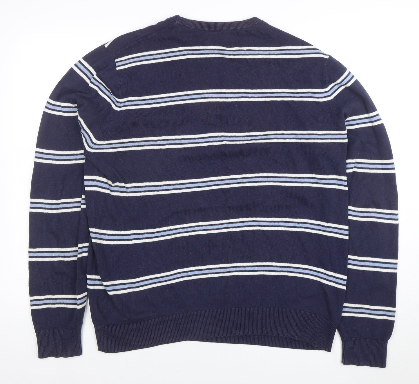 Paul Costelloe Men's Blue Striped Cotton Crew Neck Jumper L