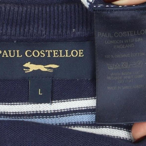 Paul Costelloe Men's Blue Striped Cotton Crew Neck Jumper L