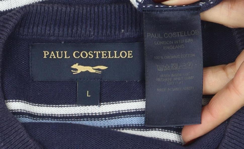 Paul Costelloe Men's Blue Striped Cotton Crew Neck Jumper L