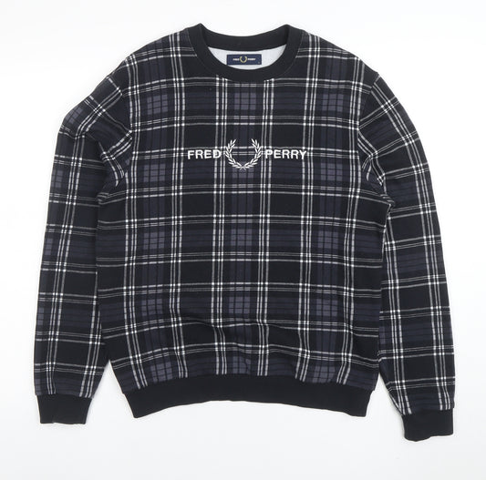 Fred Perry Men's Black Plaid Crew Neck Sweatshirt L
