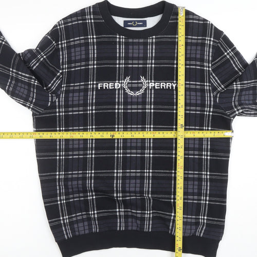 Fred Perry Men's Black Plaid Crew Neck Sweatshirt L