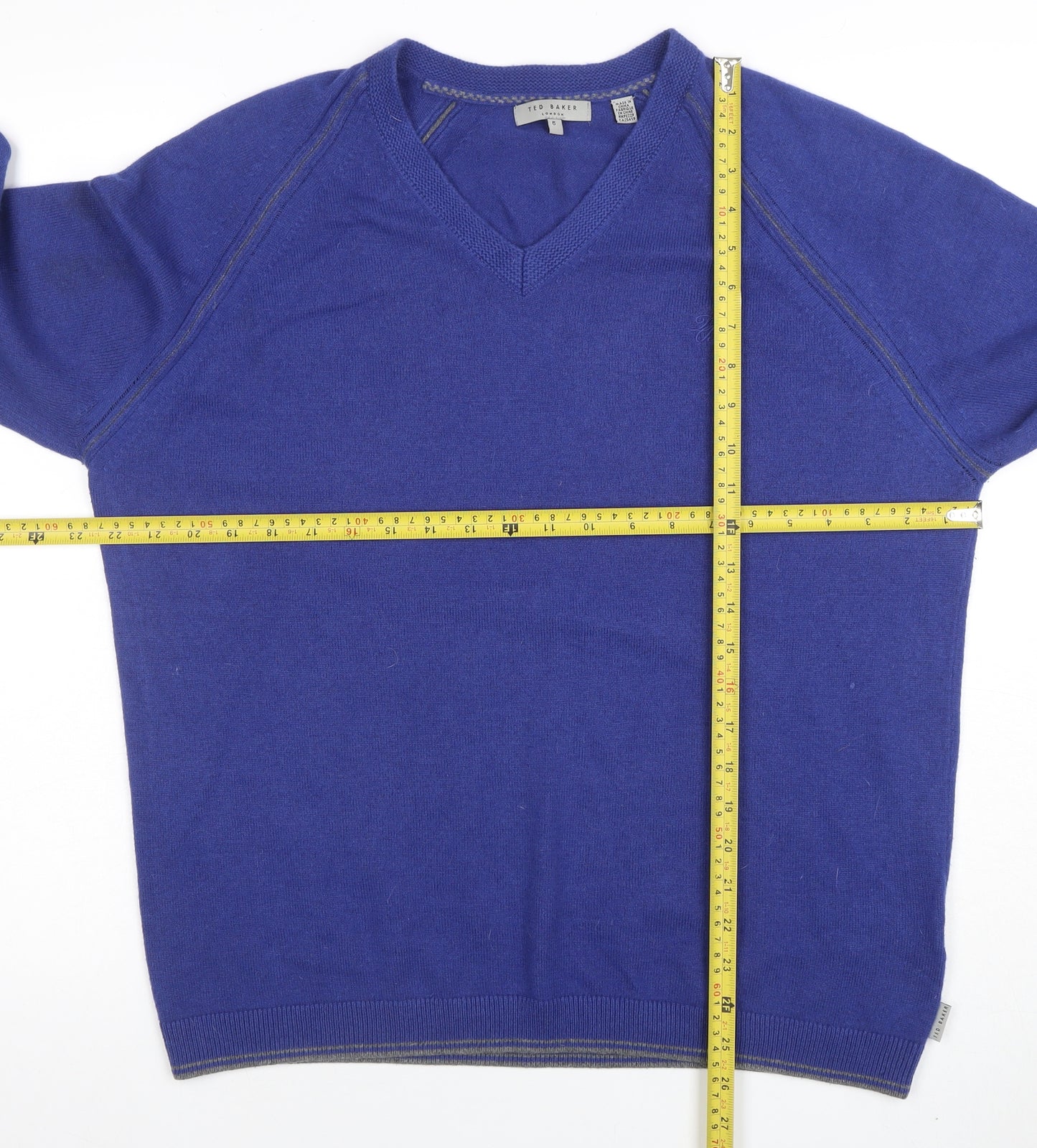 Ted Baker Men's Blue Wool Cashmere V-Neck Jumper Size S