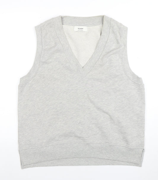 Pull&Bear Men's Grey V-Neck Sleeveless T-Shirt Medium