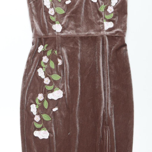 Motel Women’s Brown Floral Embroidered Velvet Bodycon Midi Dress Size 8