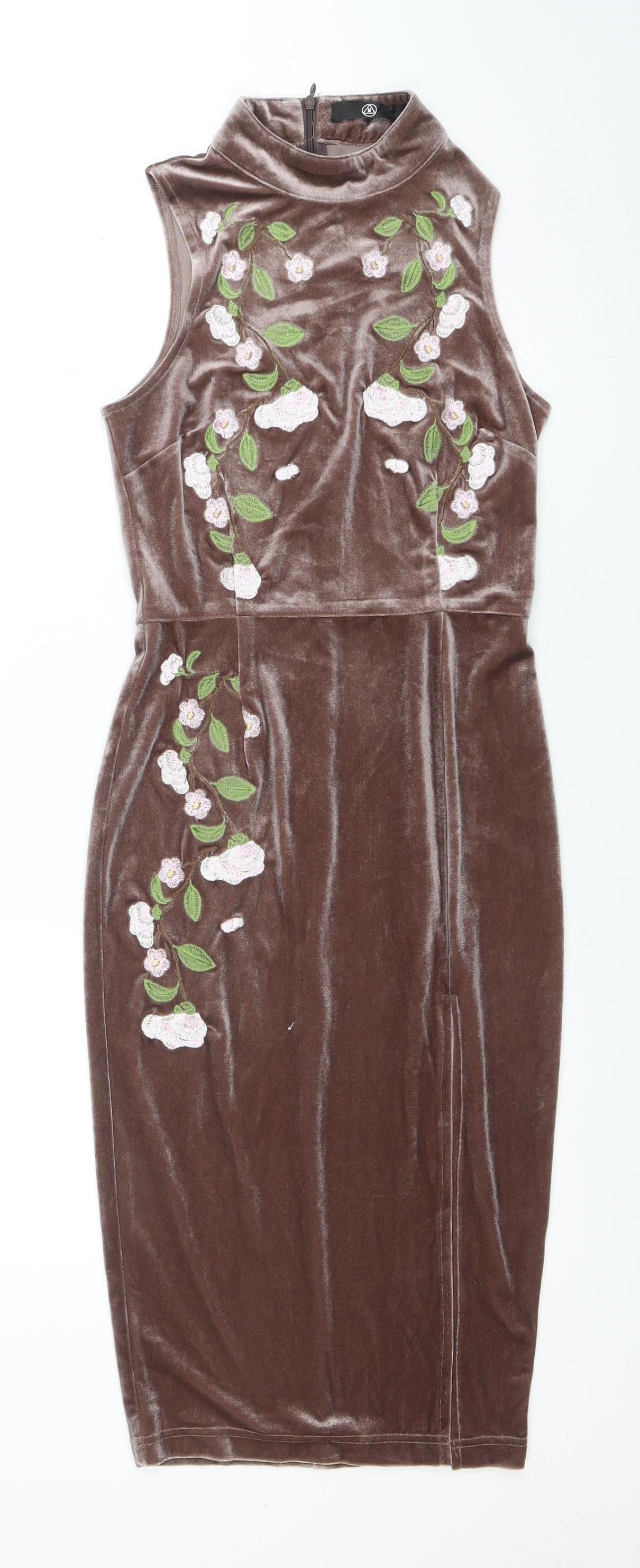 Motel Women’s Brown Floral Embroidered Velvet Bodycon Midi Dress Size 8