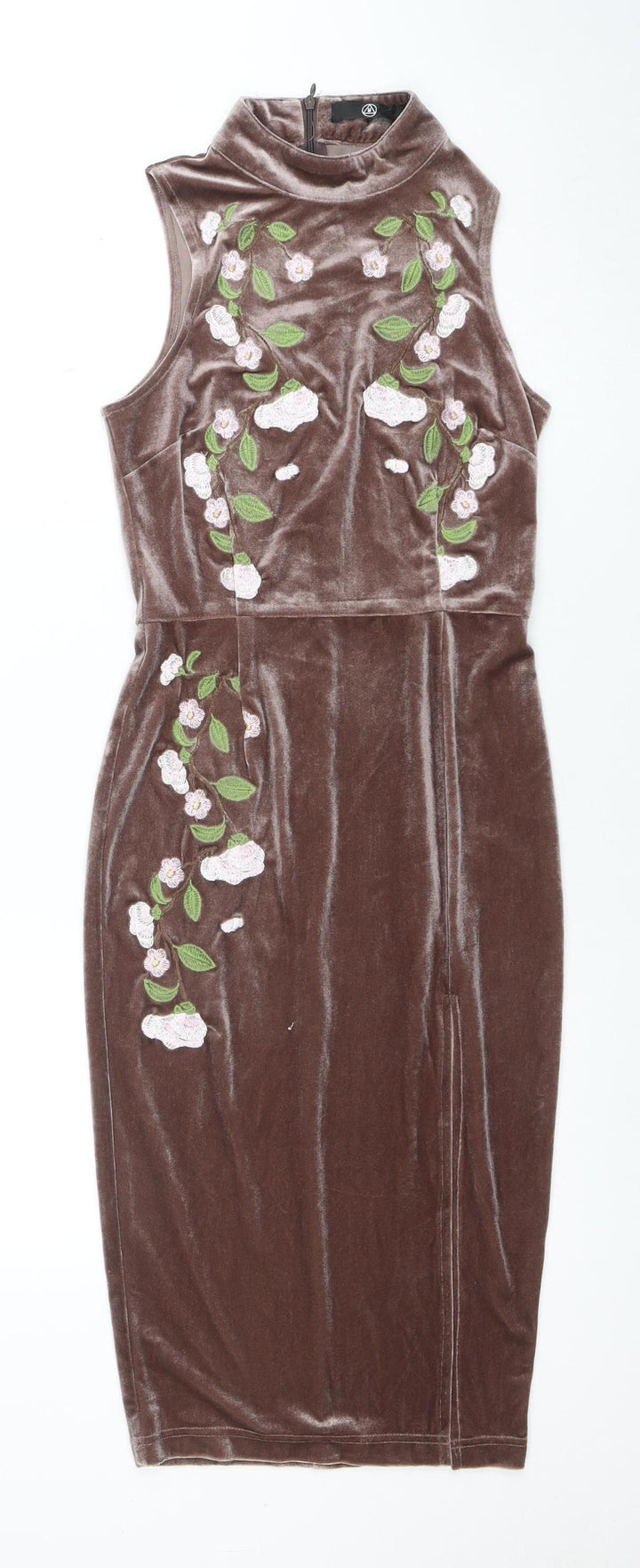 Motel Women’s Brown Floral Embroidered Velvet Bodycon Midi Dress Size 8