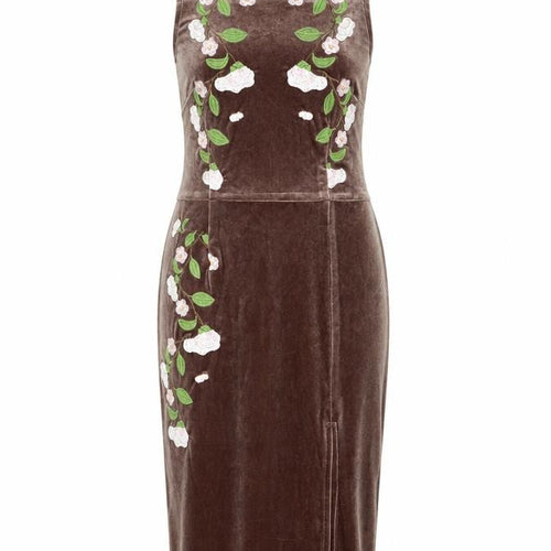 Motel Women’s Brown Floral Embroidered Velvet Bodycon Midi Dress Size 8