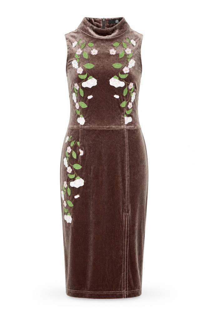 Motel Women’s Brown Floral Embroidered Velvet Bodycon Midi Dress Size 8