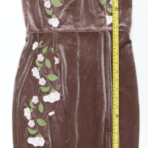 Motel Women’s Brown Floral Embroidered Velvet Bodycon Midi Dress Size 8