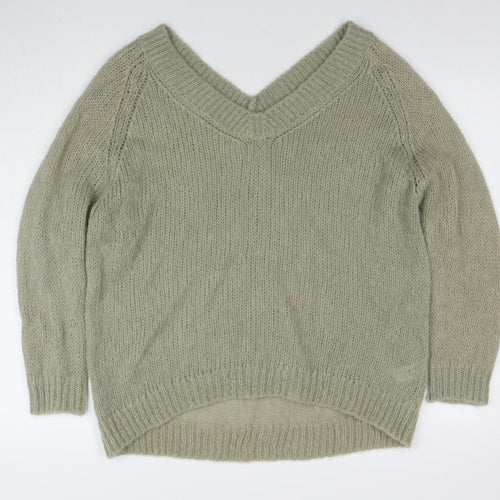 Modern Amity Women’s Green V-Neck Mohair Wool Pullover Jumper Size S