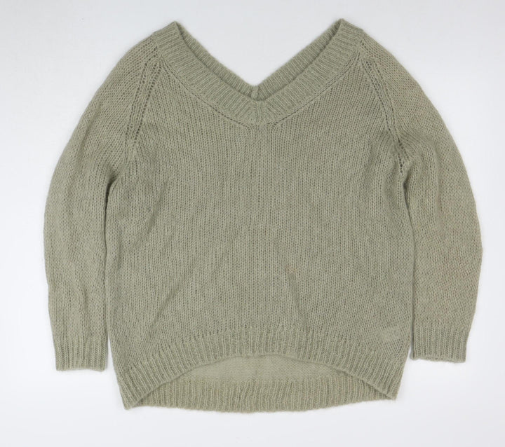 Modern Amity Women’s Green V-Neck Mohair Wool Pullover Jumper Size S