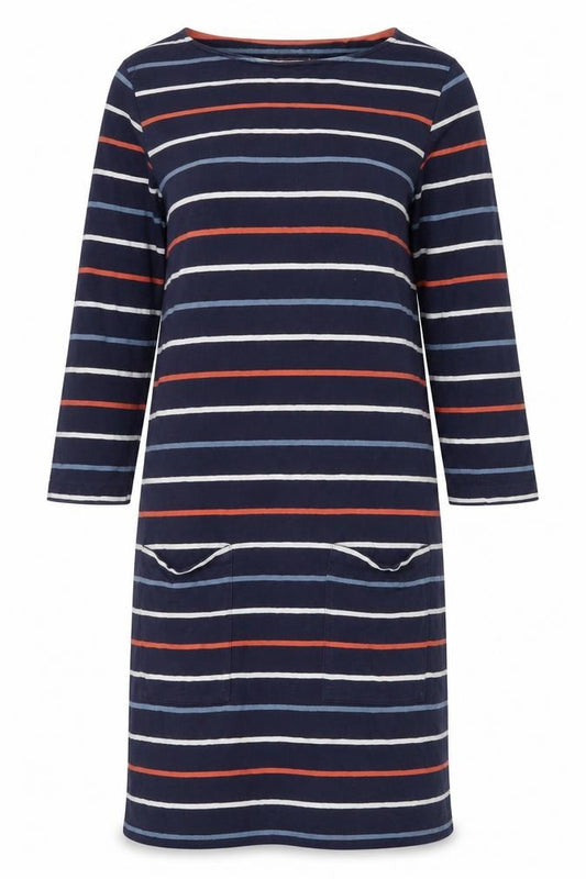 Front view of Mountain Warehouse Women’s Blue Striped Cotton T-Shirt Dress, size UK 10