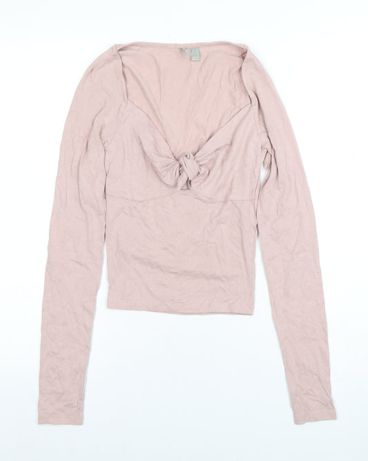 ASOS Women’s Pink Cropped Long Sleeve V-Neck Knot Top Size 6