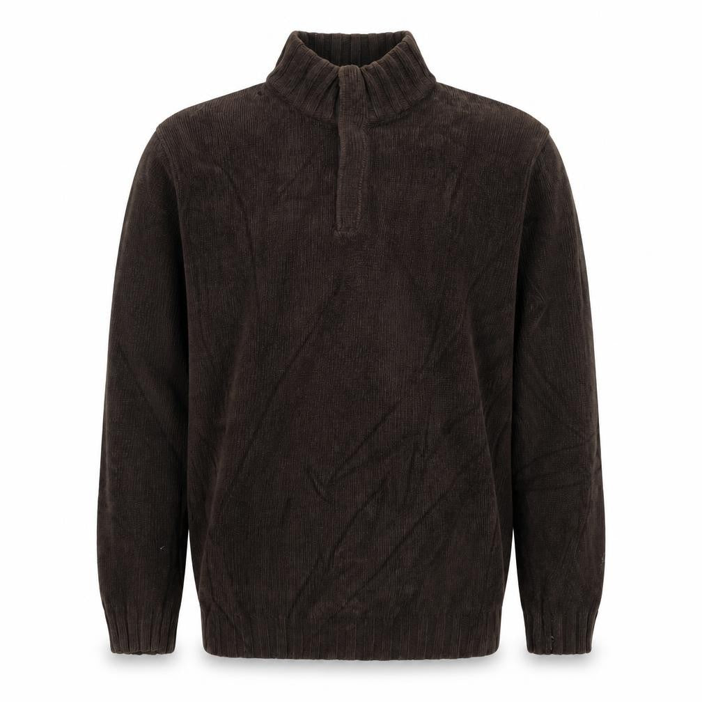 Front view of Howick men’s brown cotton 1/4 zip high neck jumper, size M