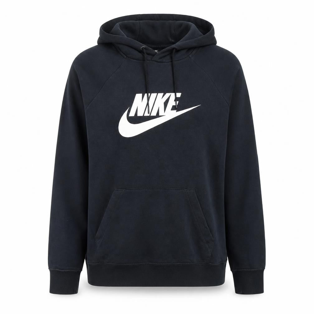 Front view of Nike women’s black pullover hoodie medium cotton blend logo print