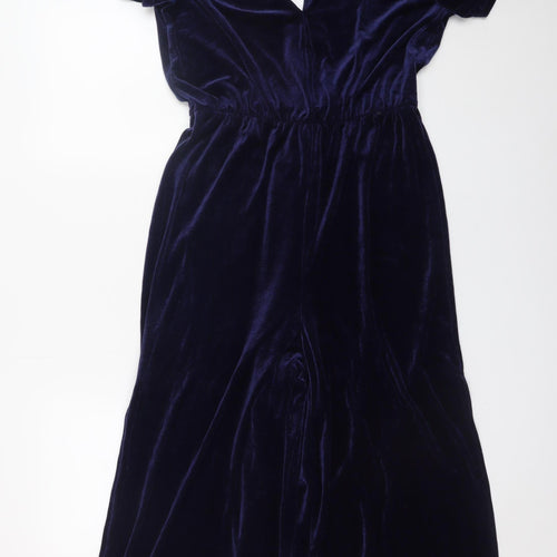 Miss Selfridge Women Navy Velvet Jumpsuit UK 14 Short Sleeve Wide-Leg