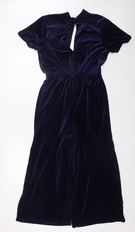 Miss Selfridge Women Navy Velvet Jumpsuit UK 14 Short Sleeve Wide-Leg