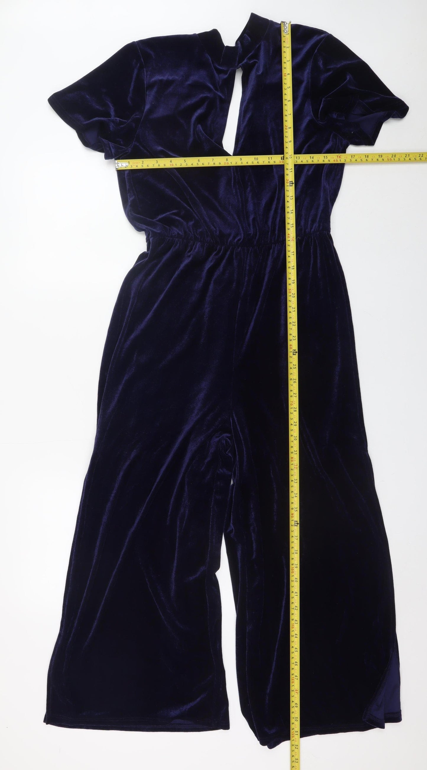 Miss Selfridge Women Navy Velvet Jumpsuit UK 14 Short Sleeve Wide-Leg