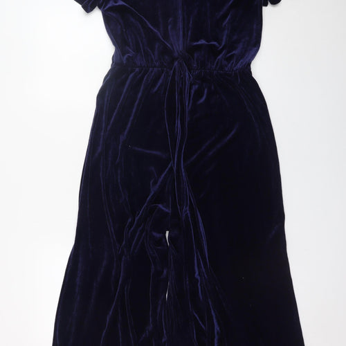 Miss Selfridge Women Navy Velvet Jumpsuit UK 14 Short Sleeve Wide-Leg