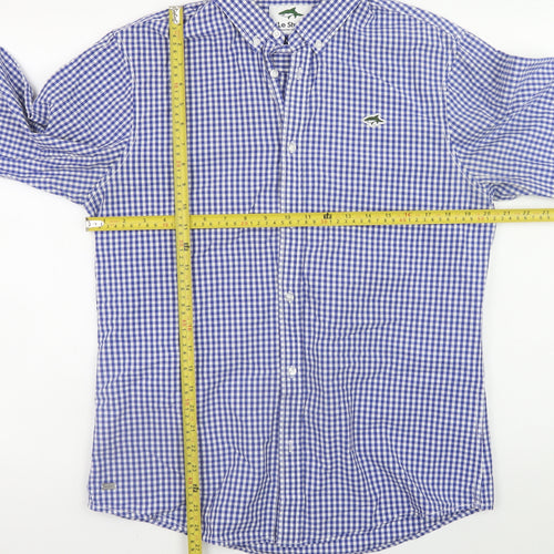 Le Shark Men's Blue Check Long Sleeve Button-Up Cotton Shirt Size L