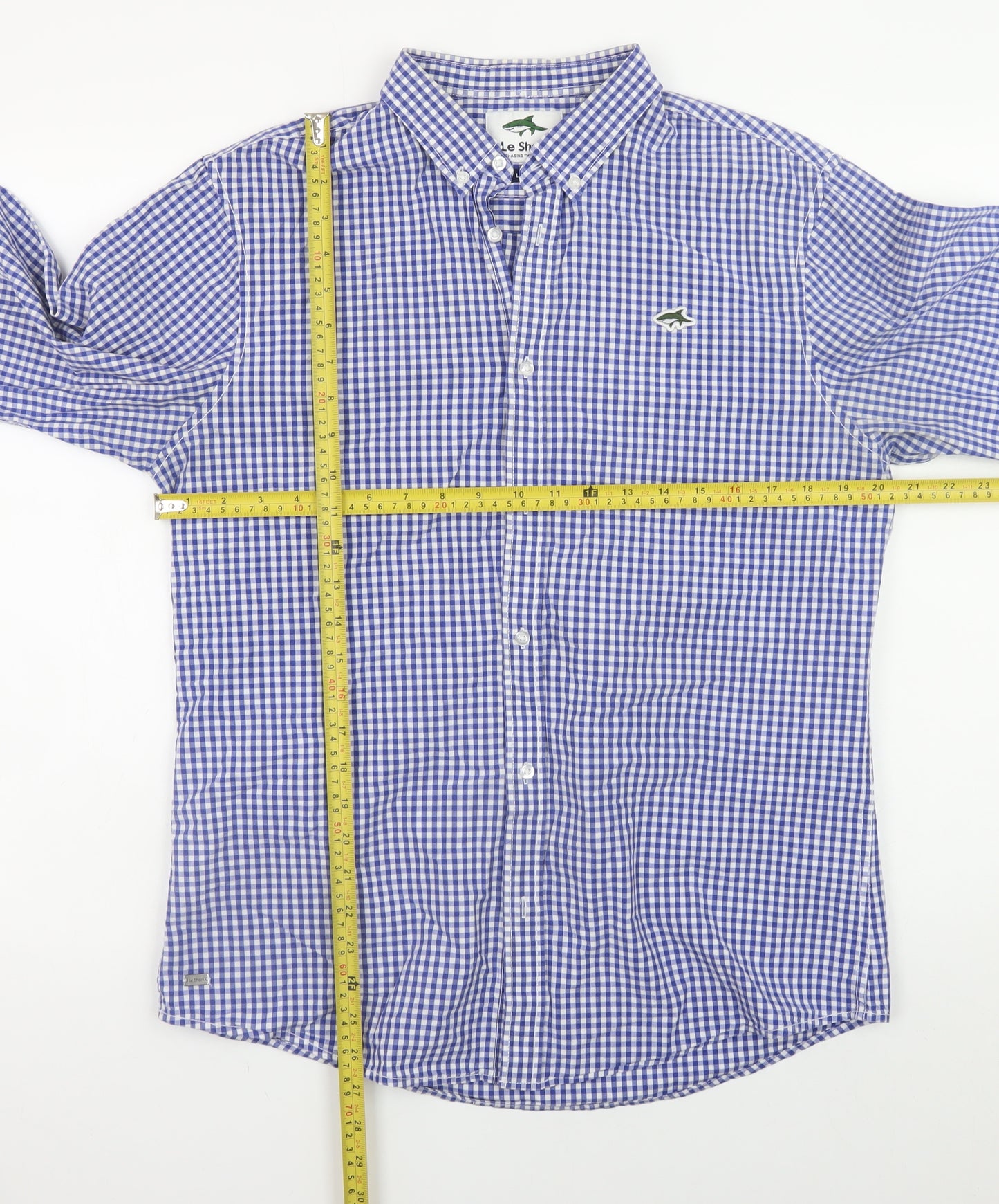 Le Shark Men's Blue Check Long Sleeve Button-Up Cotton Shirt Size L