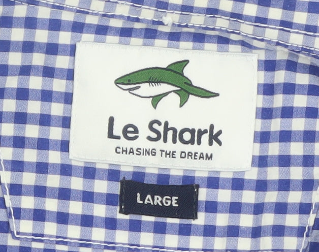 Le Shark Men's Blue Check Long Sleeve Button-Up Cotton Shirt Size L
