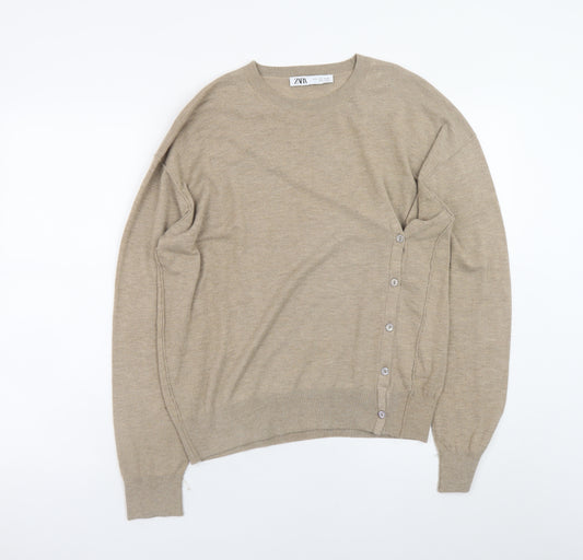 Zara Women Beige Crew Neck Button Side Knit Cardigan Jumper Size S