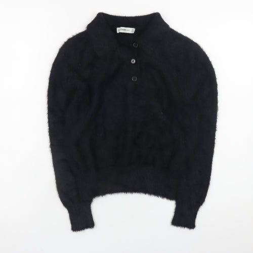 Zara Women Black Collared Henley Knit Jumper Size 12