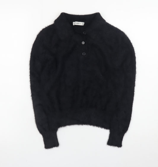 Zara Women Black Collared Henley Knit Jumper Size 12