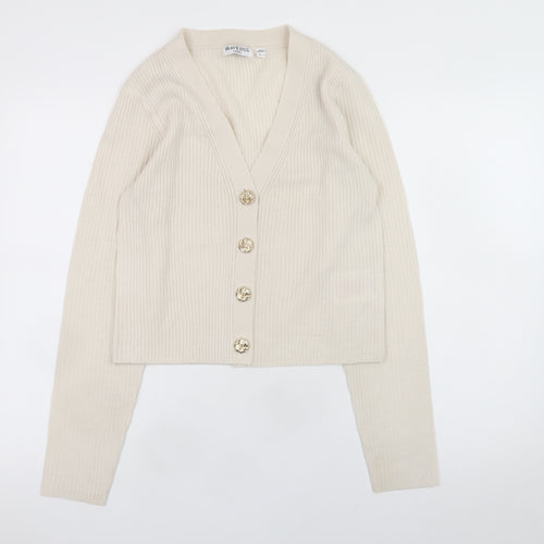 Brave Soul Women Beige V-Neck Ribbed Knit Button Cardigan Size L
